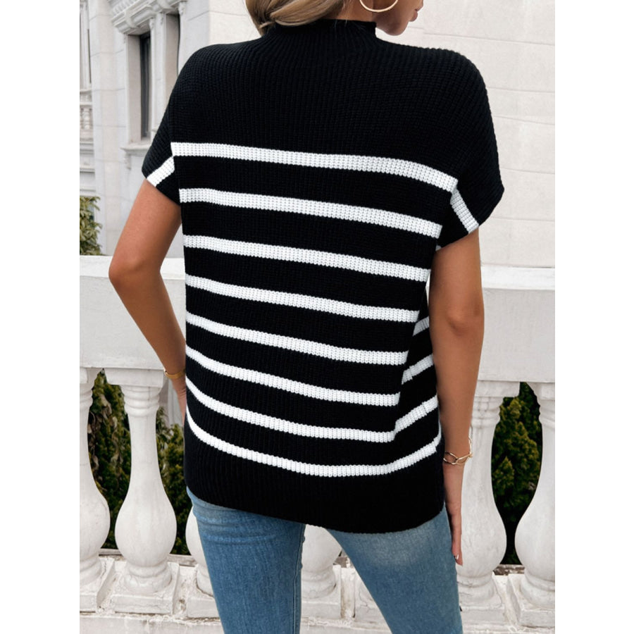 Striped Mock Neck Short Sleeve Sweater Apparel and Accessories