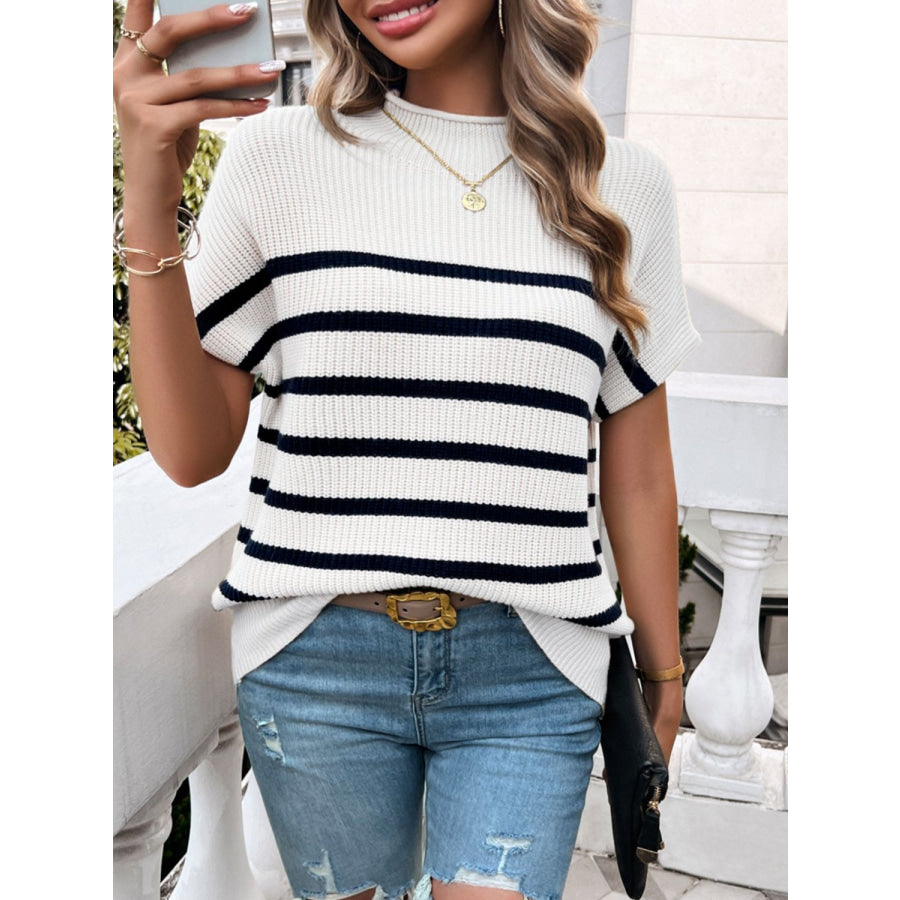 Striped Mock Neck Short Sleeve Sweater Apparel and Accessories