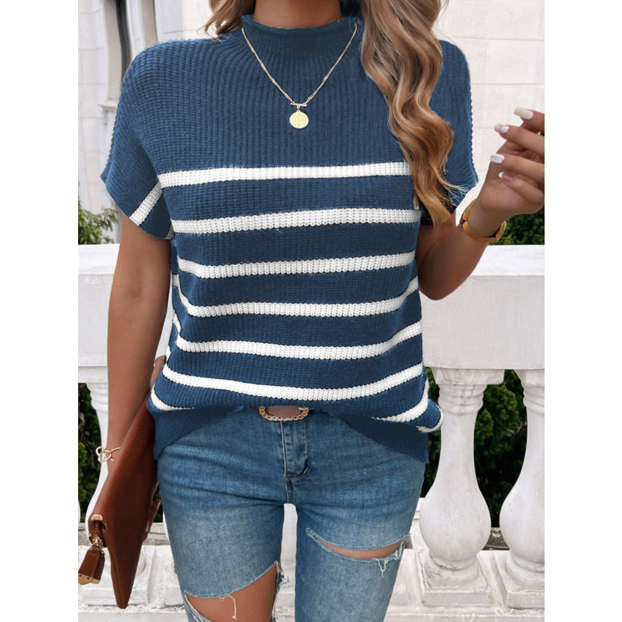 Striped Mock Neck Short Sleeve Sweater Apparel and Accessories