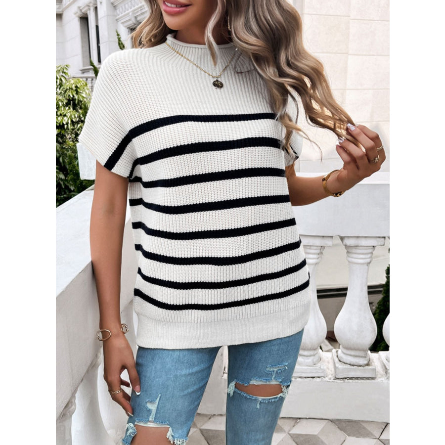 Striped Mock Neck Short Sleeve Sweater Apparel and Accessories