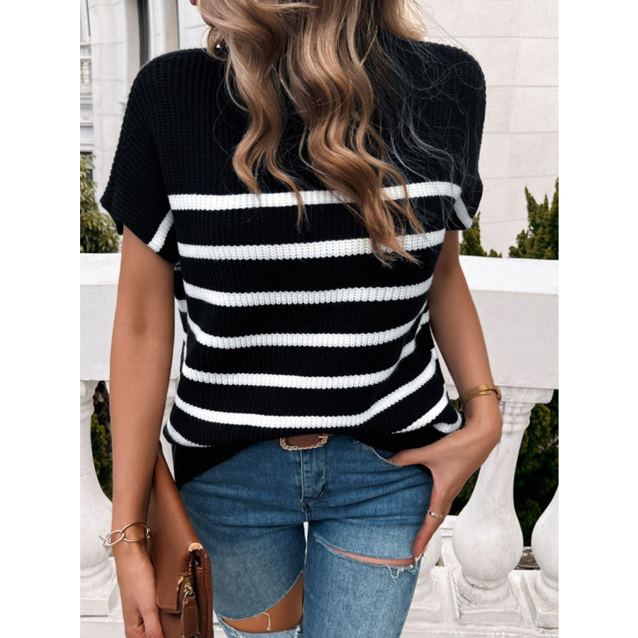 Striped Mock Neck Short Sleeve Sweater Apparel and Accessories