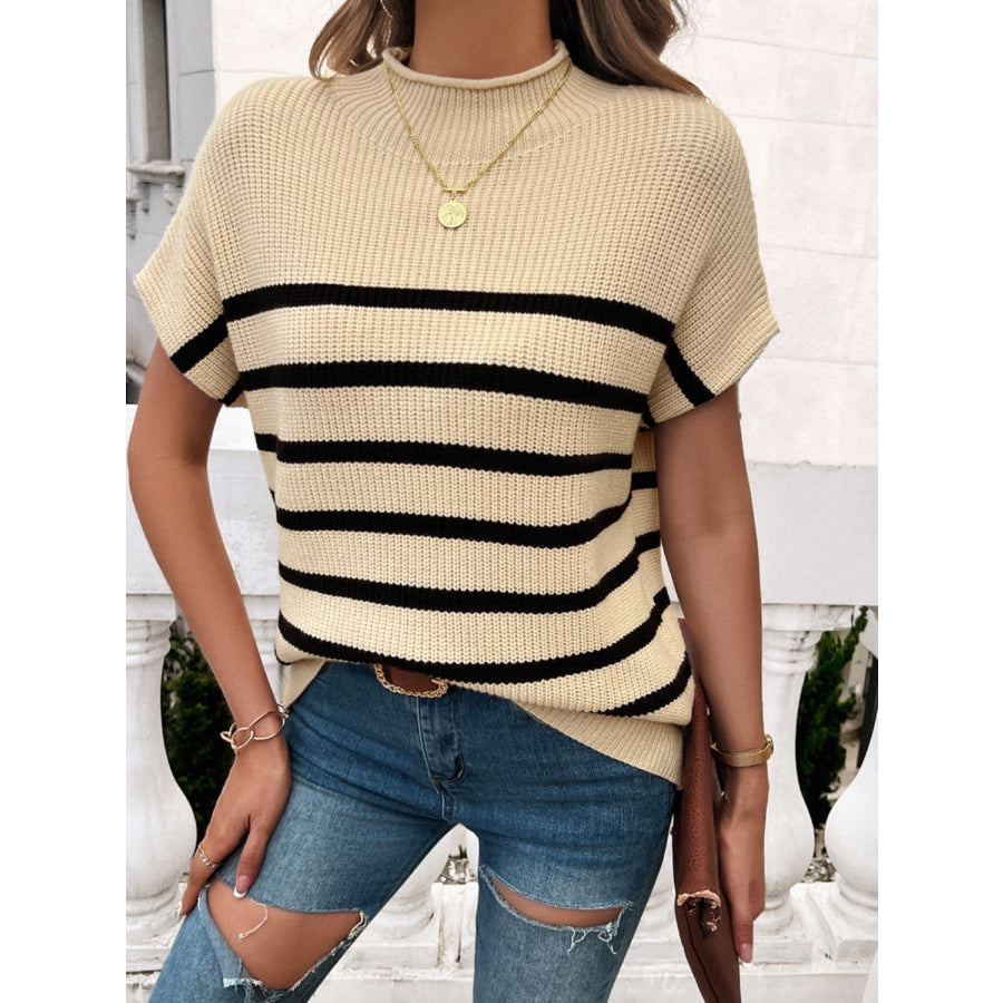 Striped Mock Neck Short Sleeve Sweater Apparel and Accessories