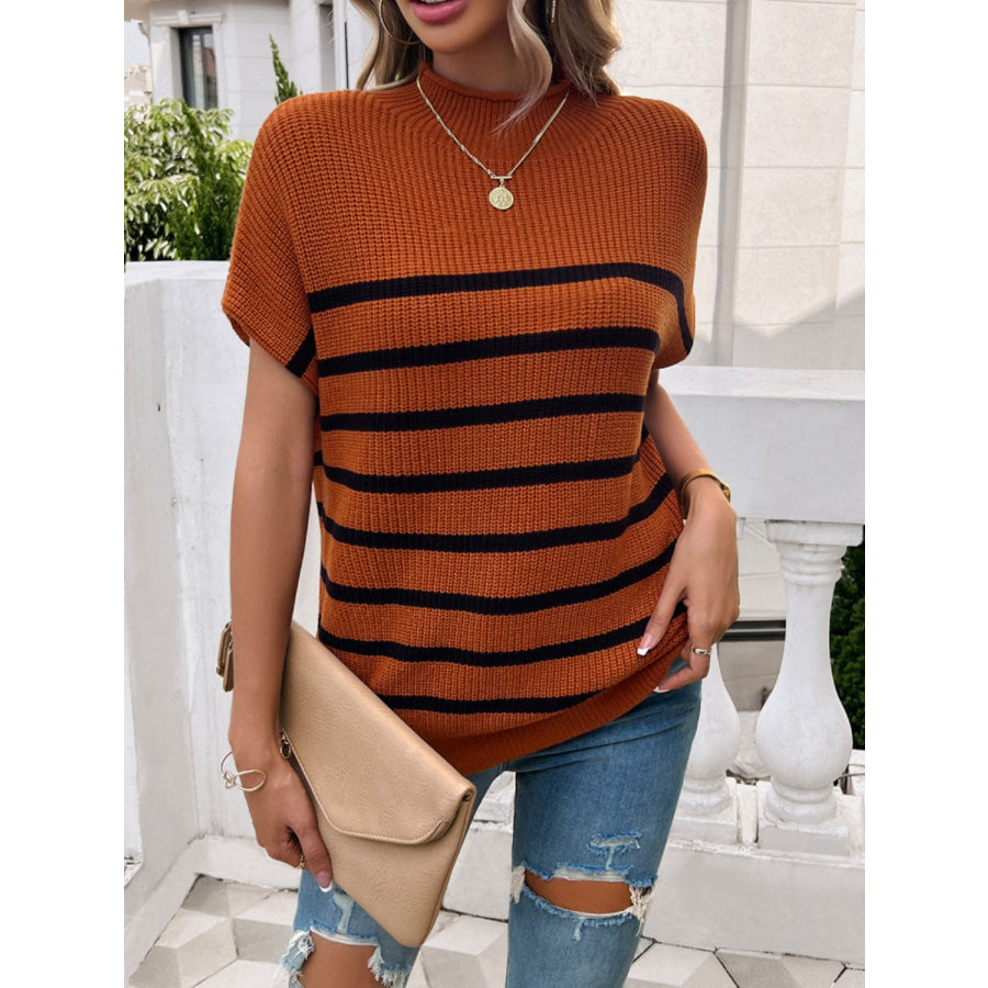 Striped Mock Neck Short Sleeve Sweater Apparel and Accessories