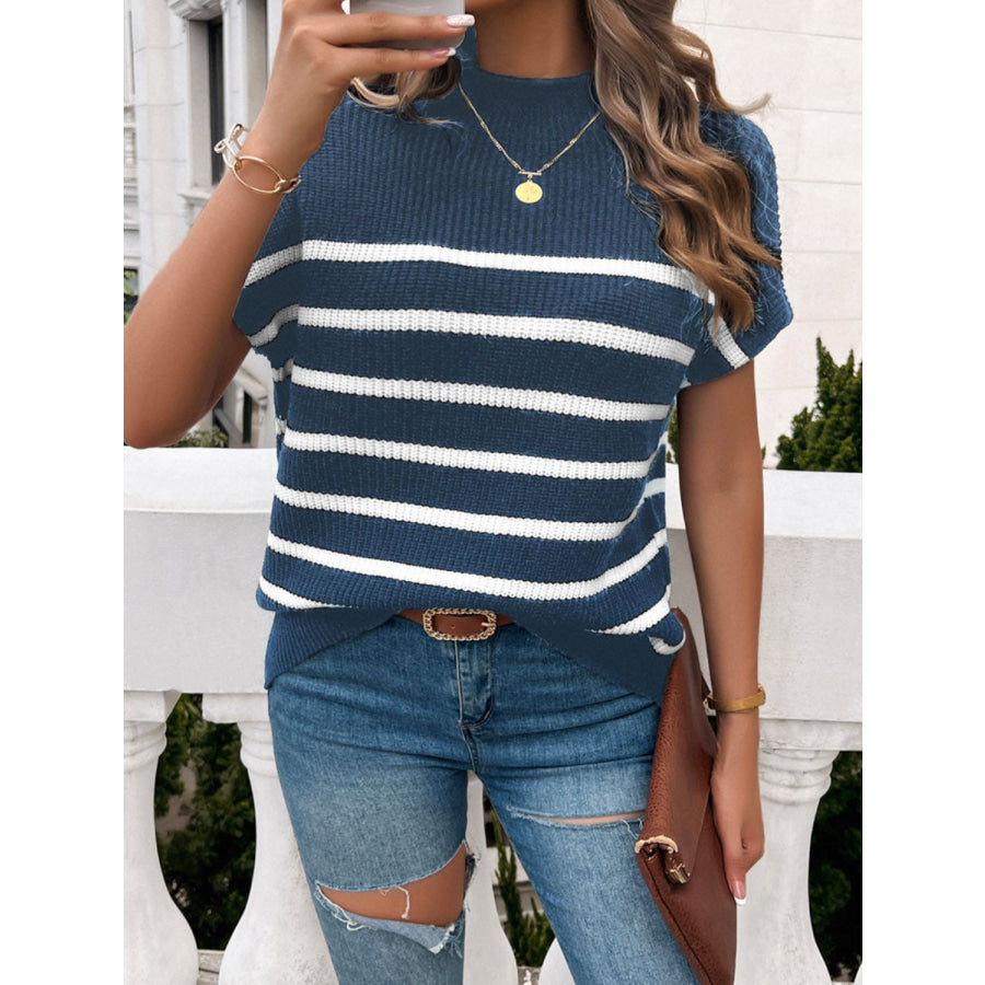 Striped Mock Neck Short Sleeve Sweater Apparel and Accessories