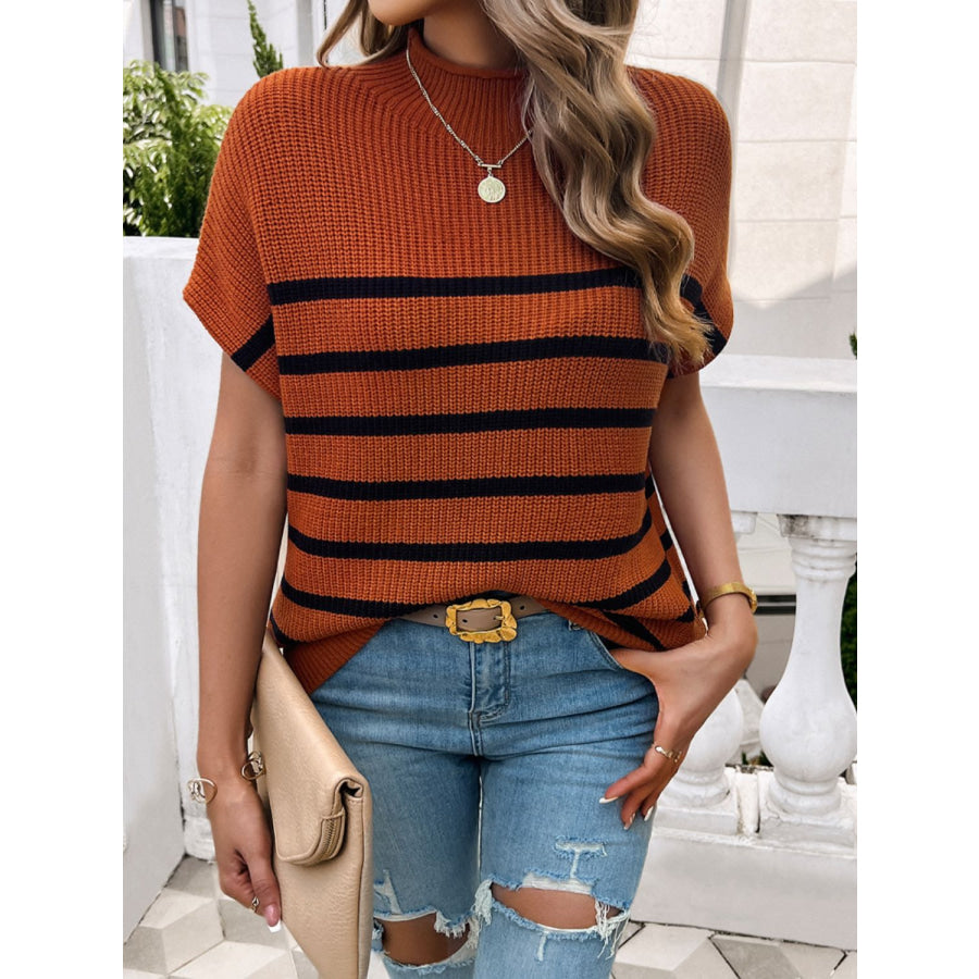 Striped Mock Neck Short Sleeve Sweater Apparel and Accessories