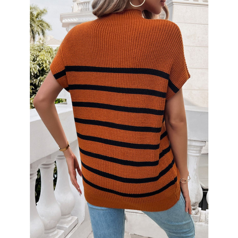 Striped Mock Neck Short Sleeve Sweater Apparel and Accessories