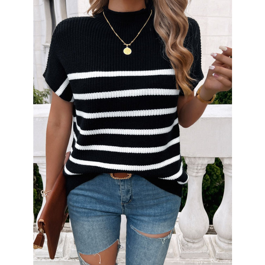 Striped Mock Neck Short Sleeve Sweater Apparel and Accessories