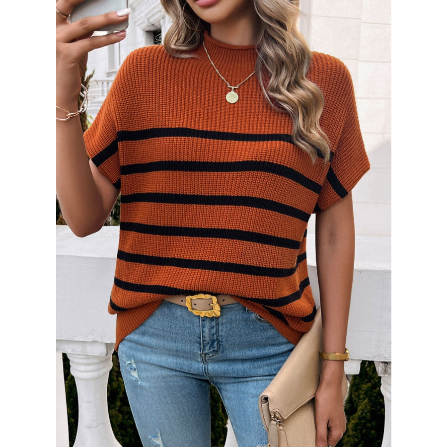 Striped Mock Neck Short Sleeve Sweater Apparel and Accessories