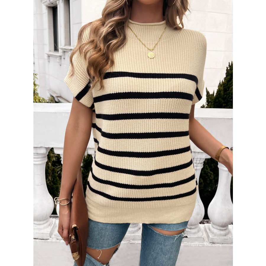 Striped Mock Neck Short Sleeve Sweater Apparel and Accessories