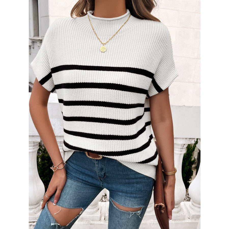 Striped Mock Neck Short Sleeve Sweater Apparel and Accessories