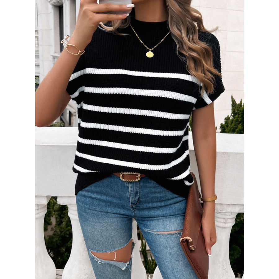 Striped Mock Neck Short Sleeve Sweater Black / S Apparel and Accessories