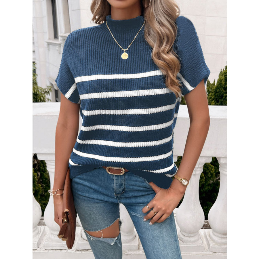 Striped Mock Neck Short Sleeve Sweater Dusty Blue / S Apparel and Accessories