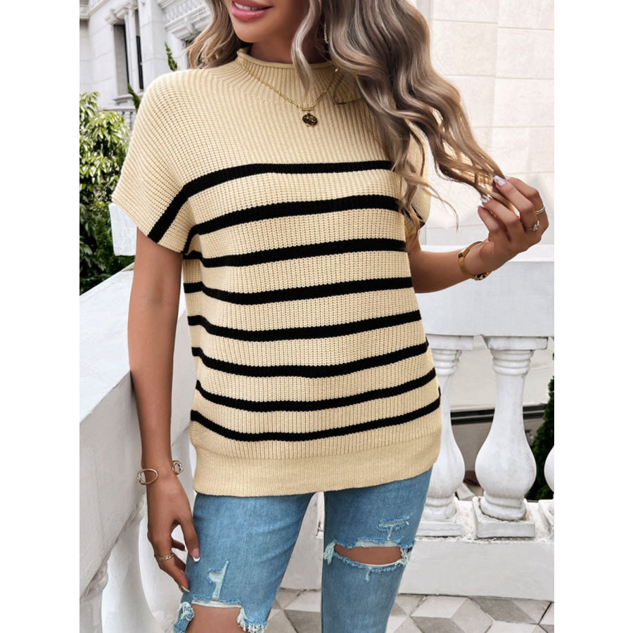 Striped Mock Neck Short Sleeve Sweater Pastel Yellow / S Apparel and Accessories