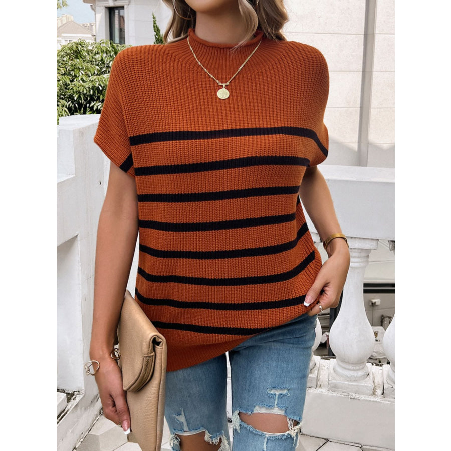 Striped Mock Neck Short Sleeve Sweater Terracotta / S Apparel and Accessories