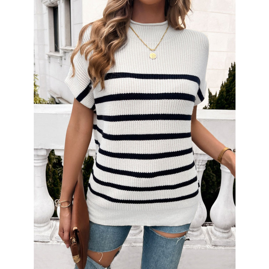 Striped Mock Neck Short Sleeve Sweater White / S Apparel and Accessories