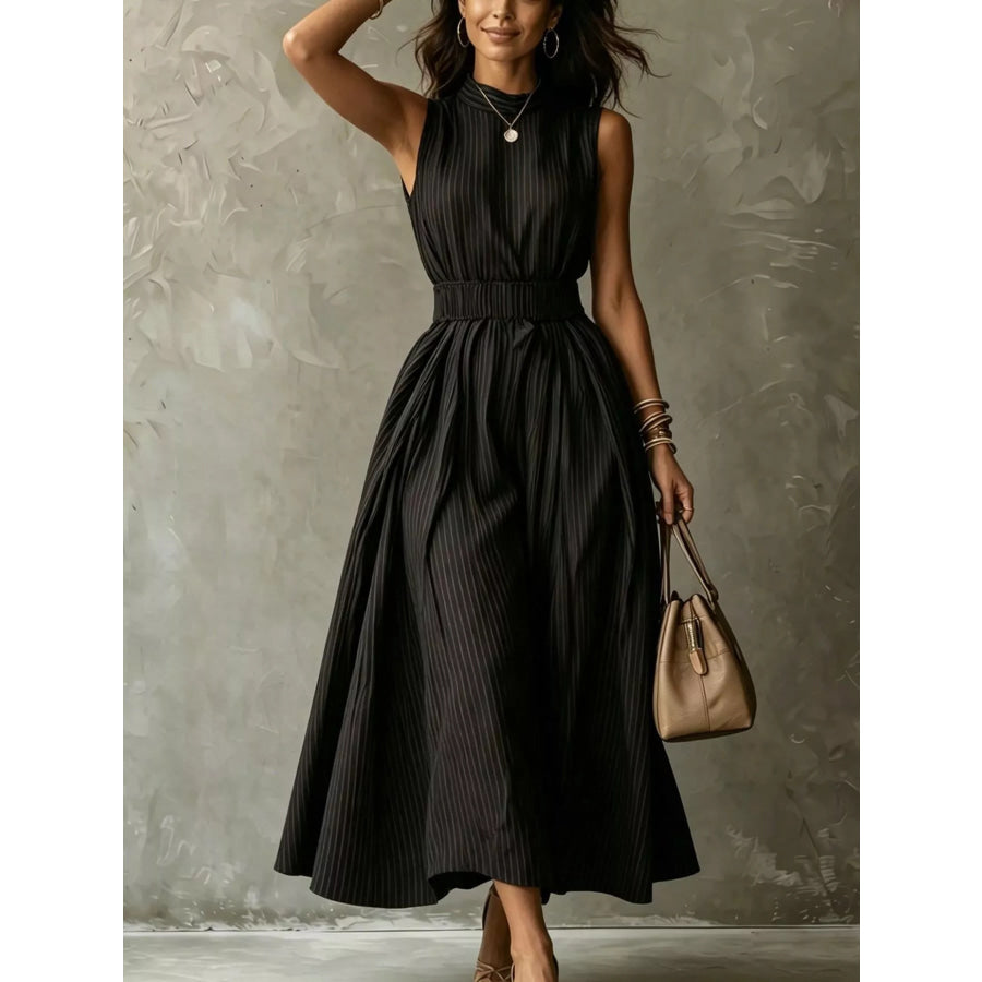 Striped Mock Neck Sleeveless Maxi Dress Black / XS Apparel and Accessories