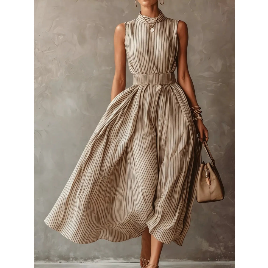 Striped Mock Neck Sleeveless Maxi Dress Khaki / XS Apparel and Accessories