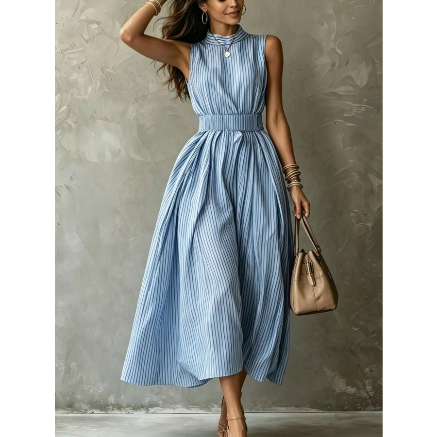 Striped Mock Neck Sleeveless Maxi Dress Pastel Blue / XS Apparel and Accessories