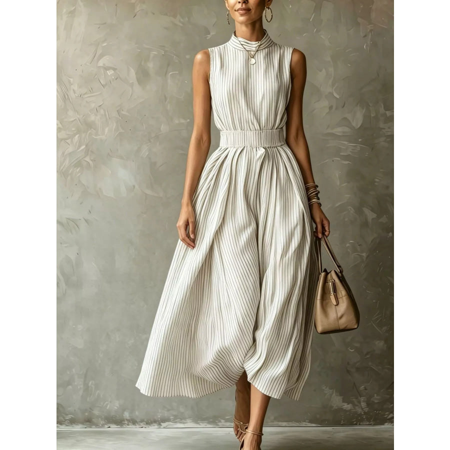 Striped Mock Neck Sleeveless Maxi Dress White / XS Apparel and Accessories