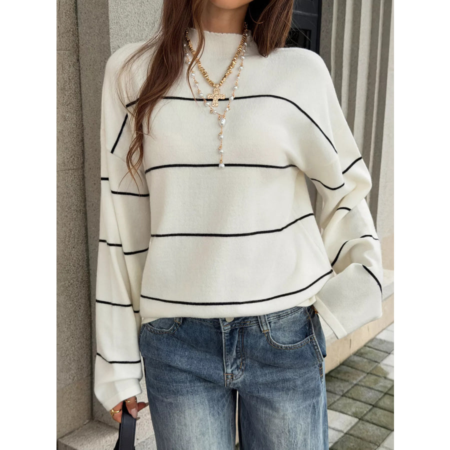 Striped Mock Neck Sweater Black And White Stripes / S Apparel and Accessories