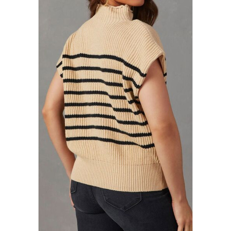 Striped Mock Neck Sweater Vest Tan / S Clothing