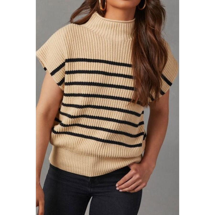 Striped Mock Neck Sweater Vest Tan / S Clothing