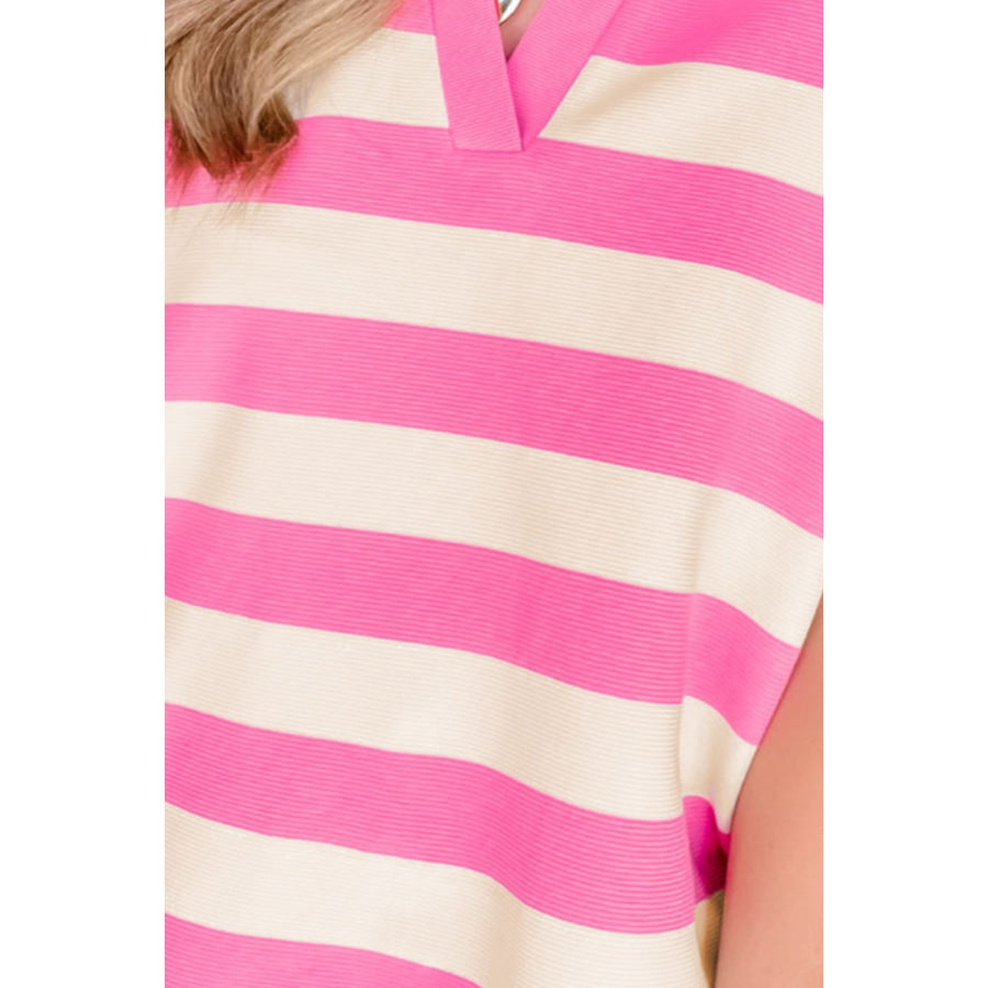 Striped Notched Cap Sleeve Blouse Pink / S Apparel and Accessories
