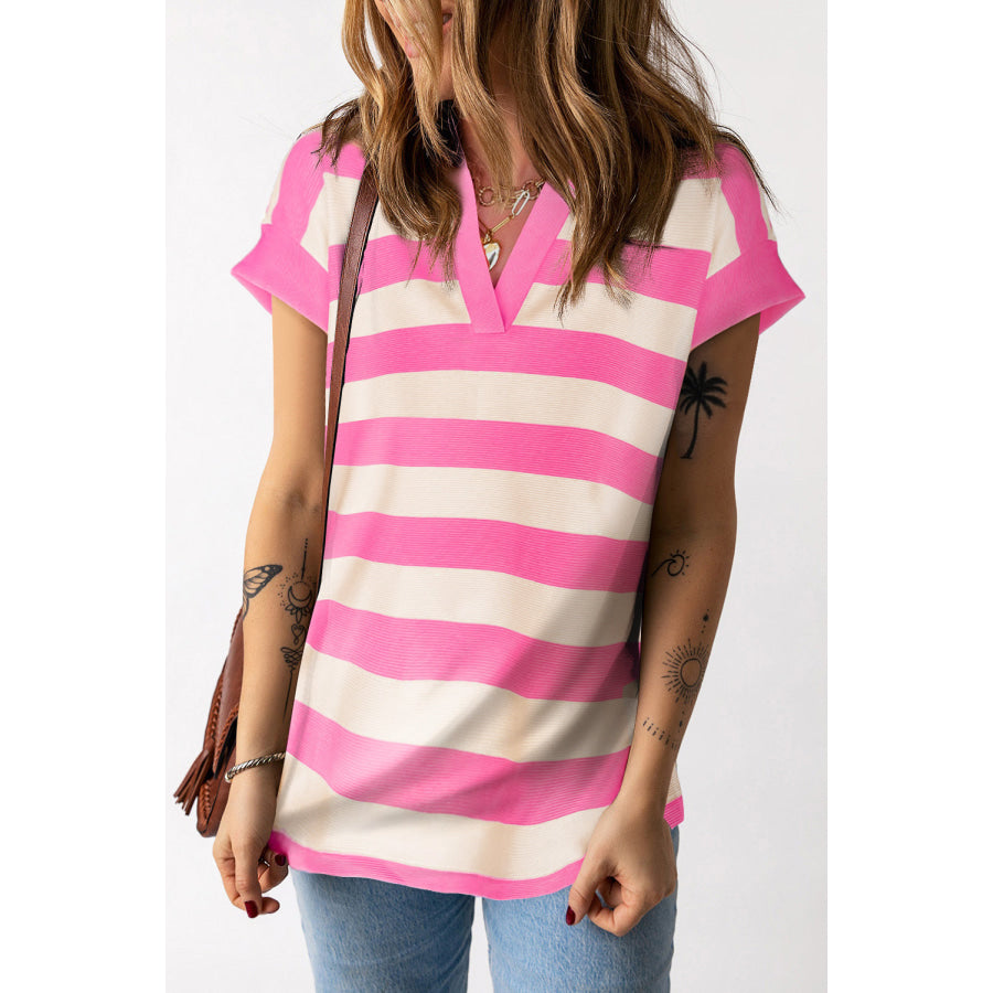 Striped Notched Cap Sleeve Blouse Pink / S Apparel and Accessories