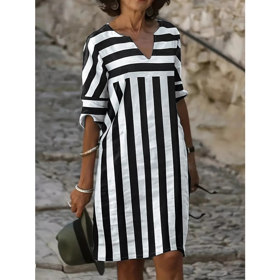 Striped Notched Casual Mini Dress Black / S Apparel and Accessories