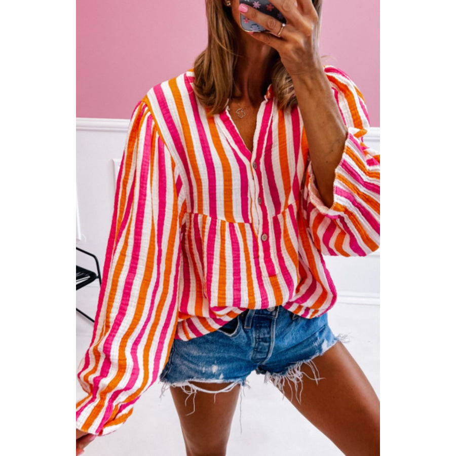 Striped Notched Flounce Sleeve Blouse Apparel and Accessories