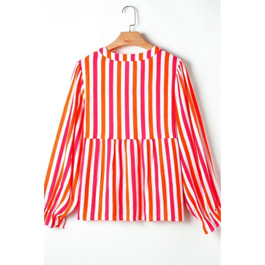 Striped Notched Flounce Sleeve Blouse Apparel and Accessories