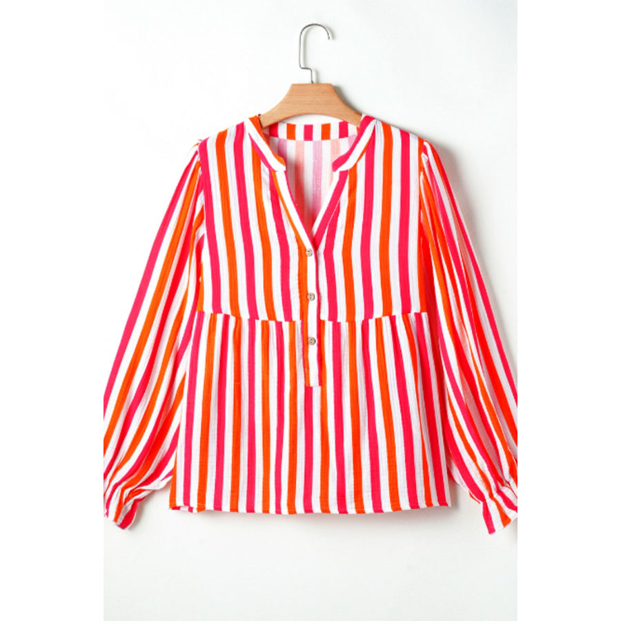 Striped Notched Flounce Sleeve Blouse Apparel and Accessories