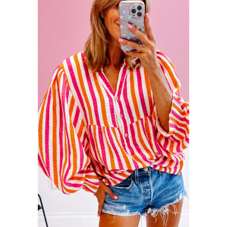 Striped Notched Flounce Sleeve Blouse Apparel and Accessories