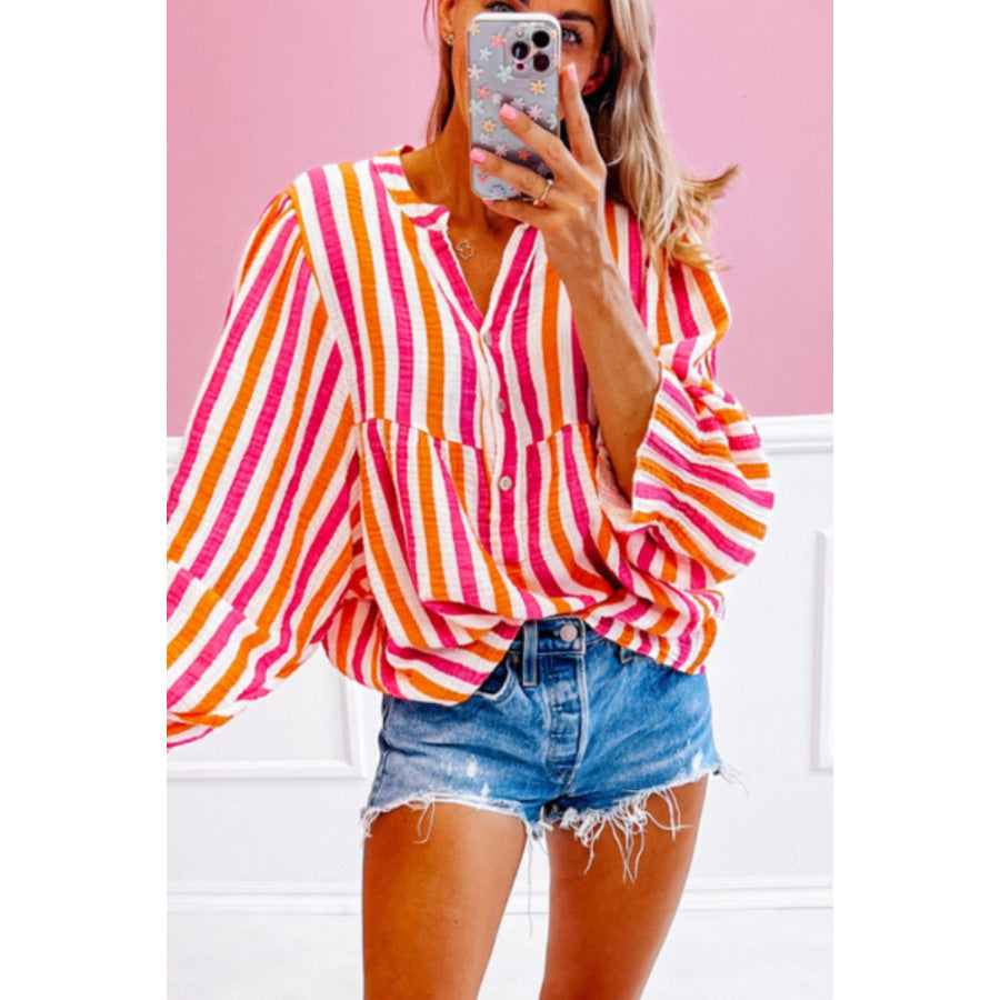 Striped Notched Flounce Sleeve Blouse Red / S Apparel and Accessories