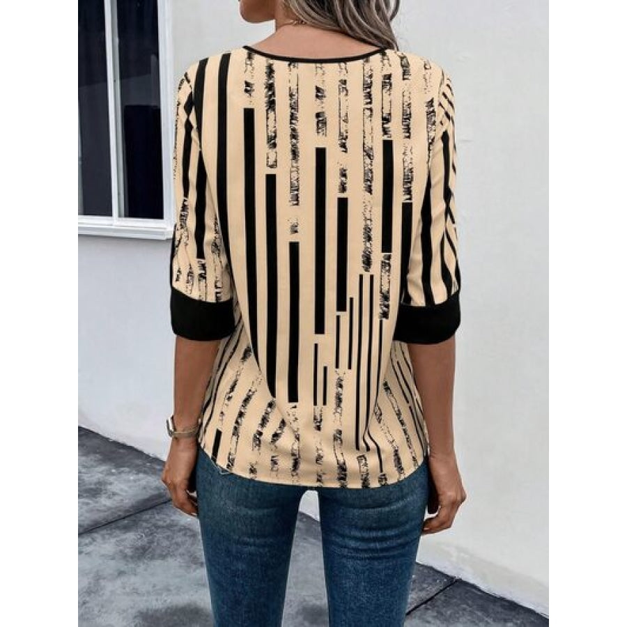 Striped Notched Half Sleeve Blouse Apparel and Accessories