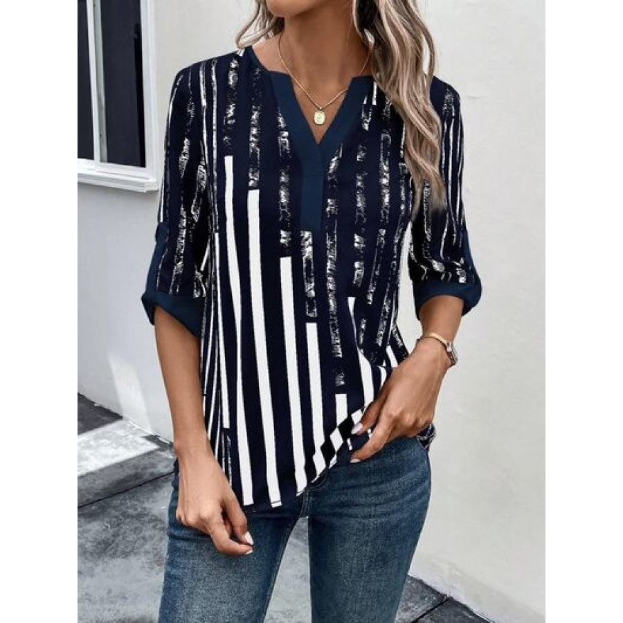 Striped Notched Half Sleeve Blouse Apparel and Accessories