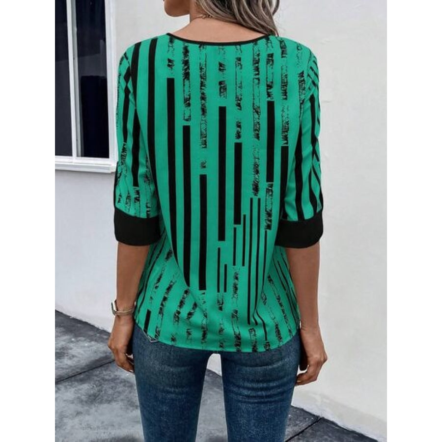 Striped Notched Half Sleeve Blouse Apparel and Accessories