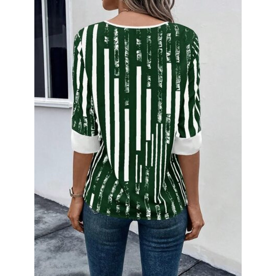 Striped Notched Half Sleeve Blouse Apparel and Accessories