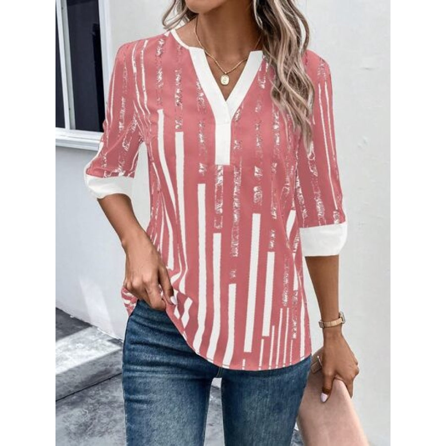 Striped Notched Half Sleeve Blouse Apparel and Accessories