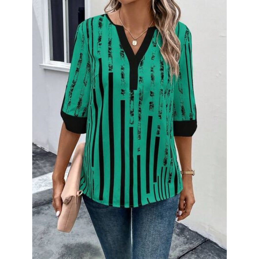 Striped Notched Half Sleeve Blouse Apparel and Accessories