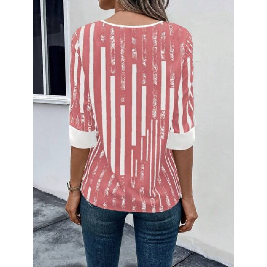 Striped Notched Half Sleeve Blouse Apparel and Accessories