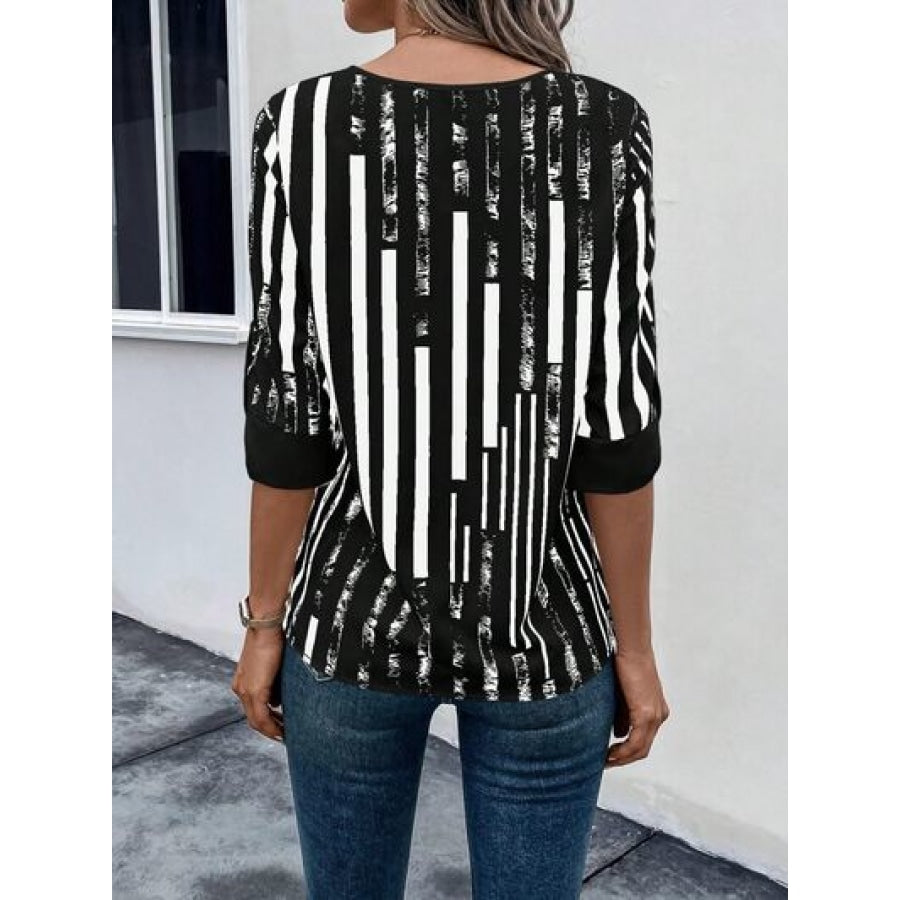 Striped Notched Half Sleeve Blouse Apparel and Accessories