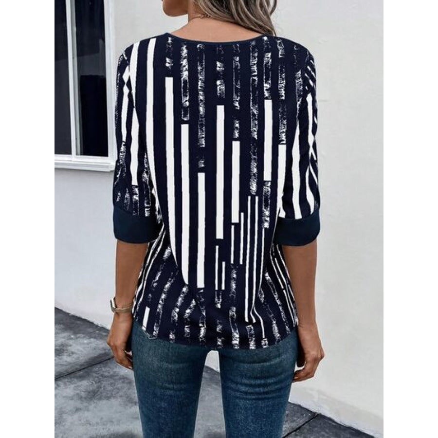 Striped Notched Half Sleeve Blouse Apparel and Accessories