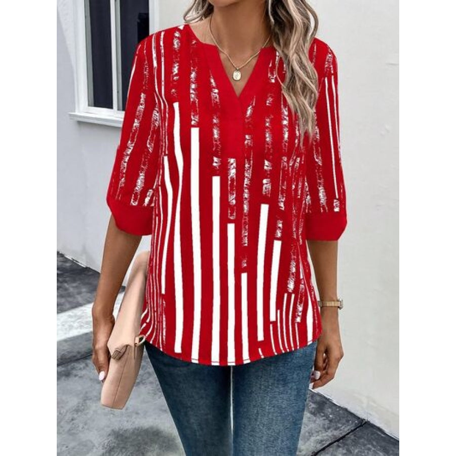 Striped Notched Half Sleeve Blouse Apparel and Accessories