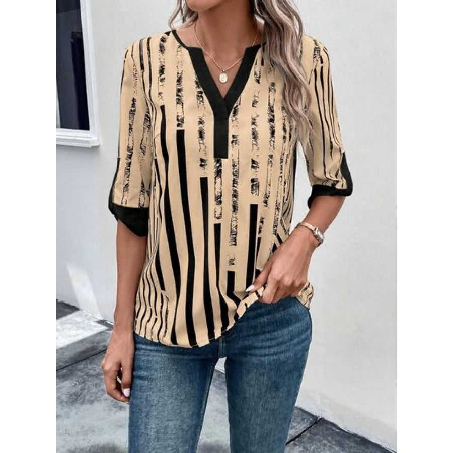 Striped Notched Half Sleeve Blouse Apparel and Accessories