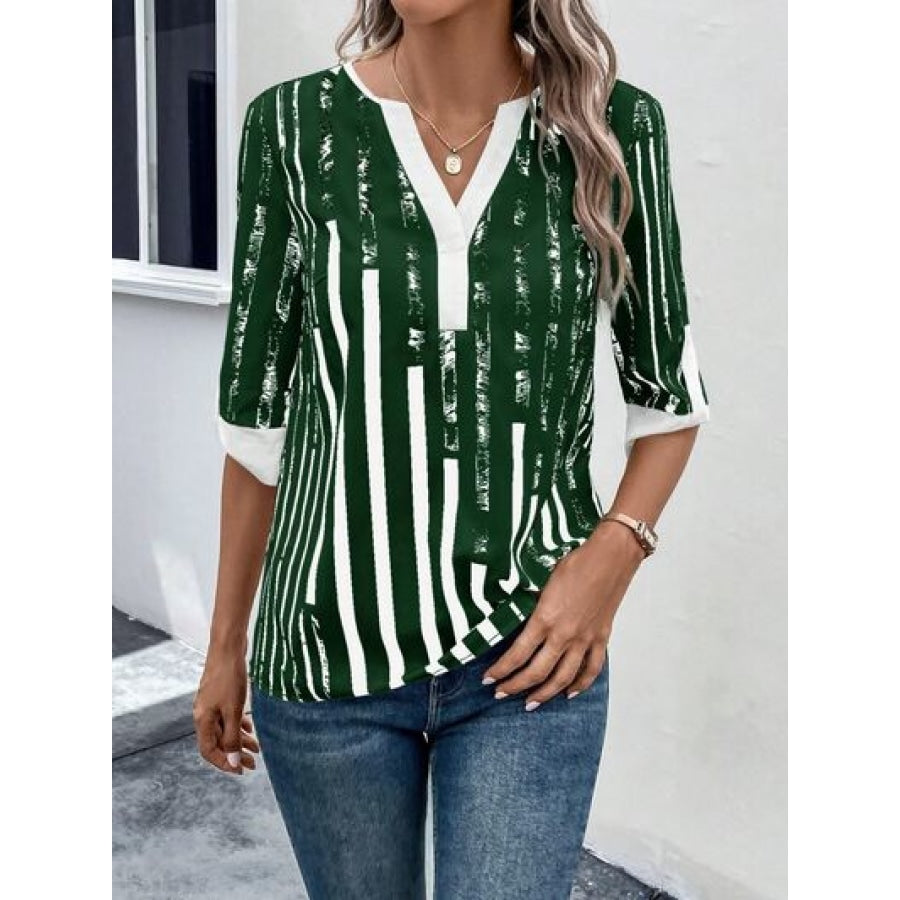 Striped Notched Half Sleeve Blouse Apparel and Accessories