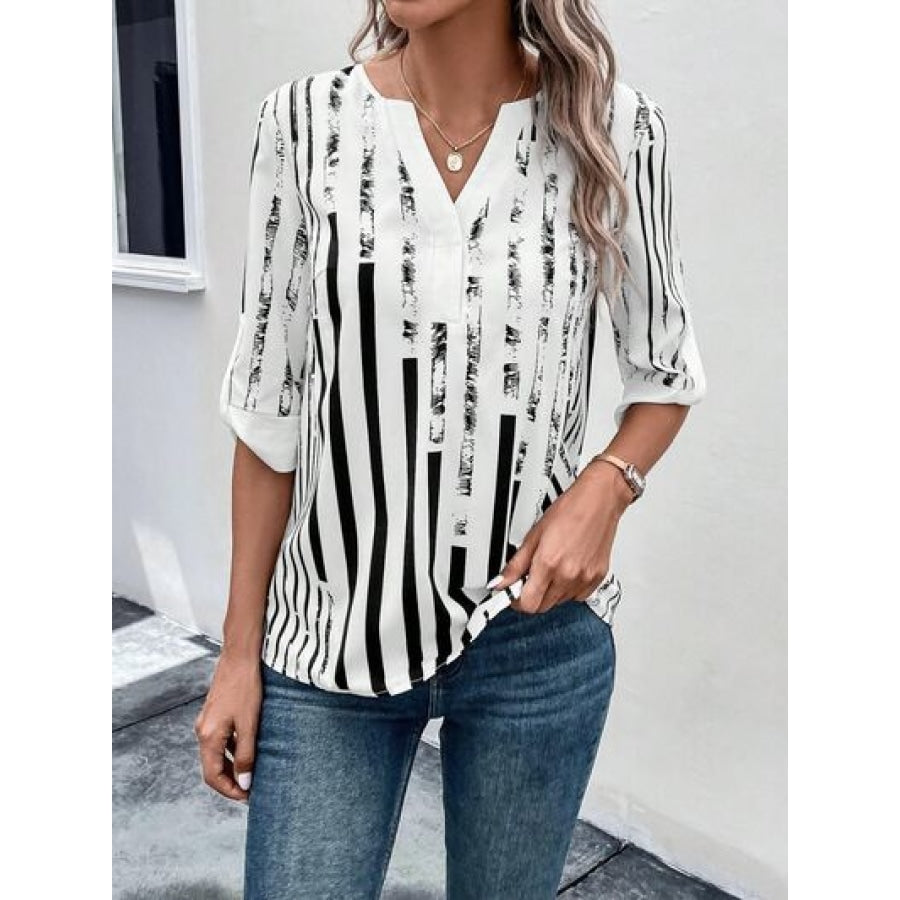 Striped Notched Half Sleeve Blouse Apparel and Accessories