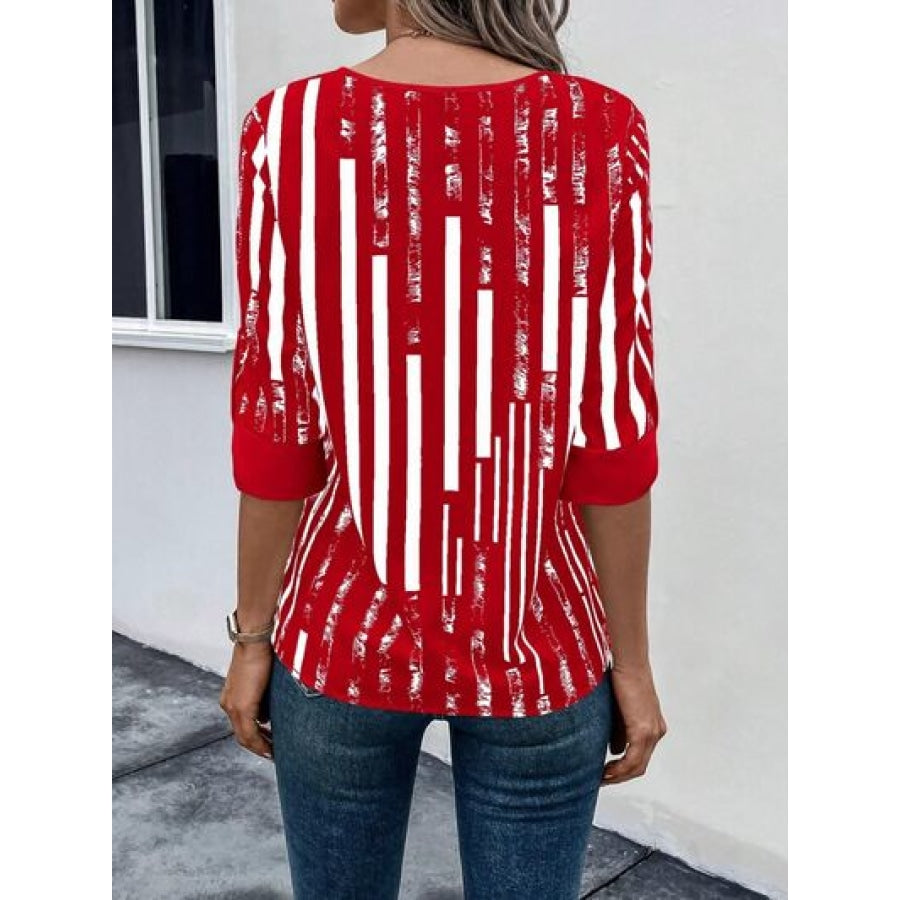 Striped Notched Half Sleeve Blouse Apparel and Accessories