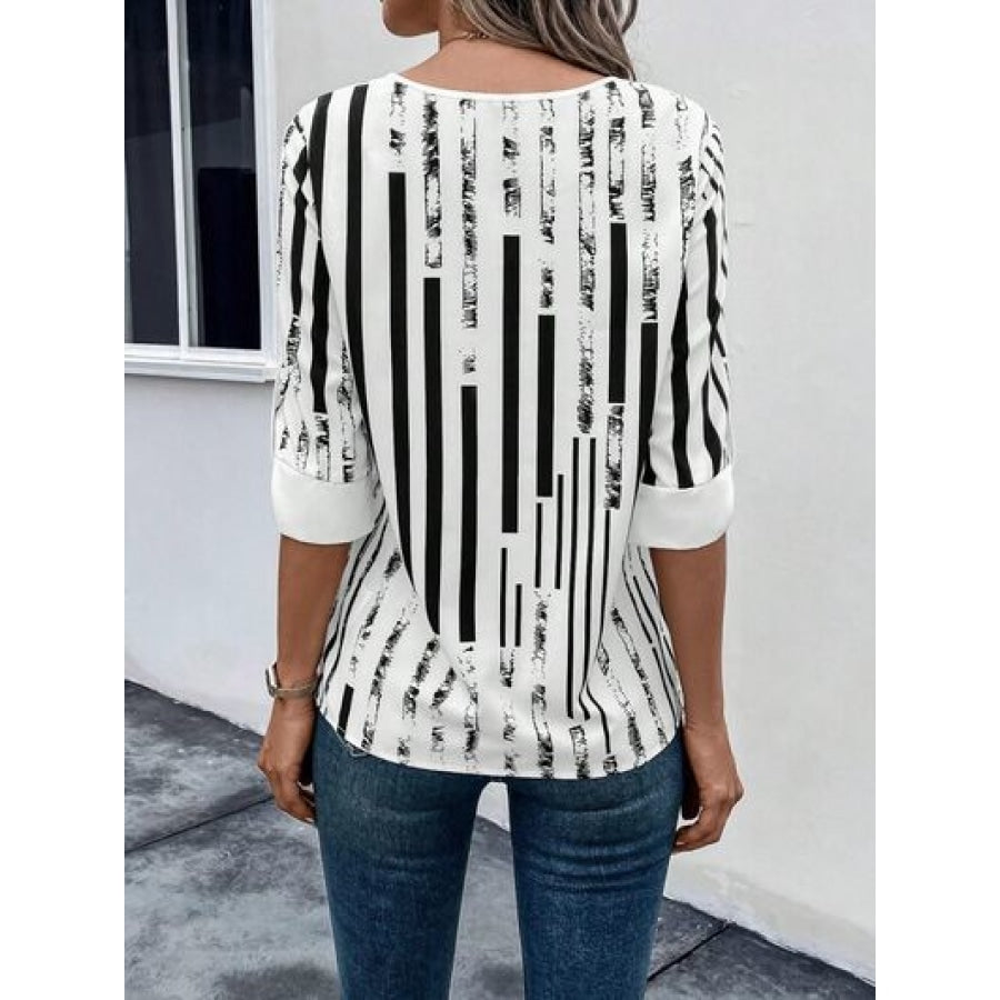 Striped Notched Half Sleeve Blouse Apparel and Accessories