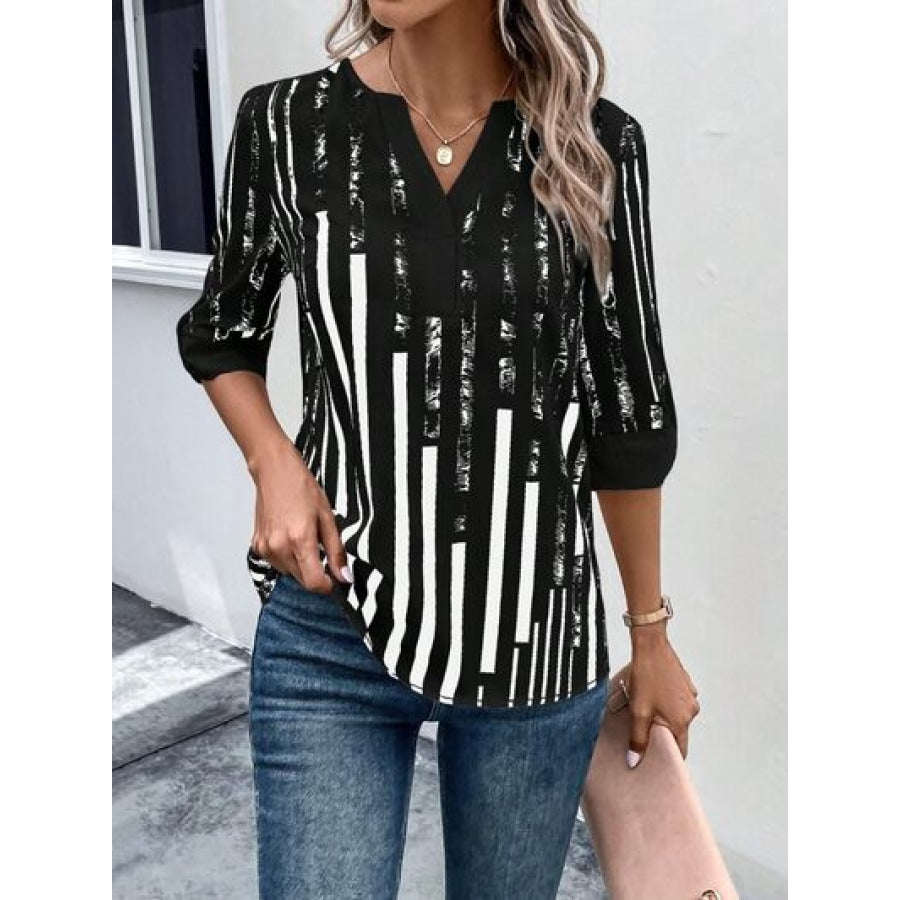 Striped Notched Half Sleeve Blouse Apparel and Accessories